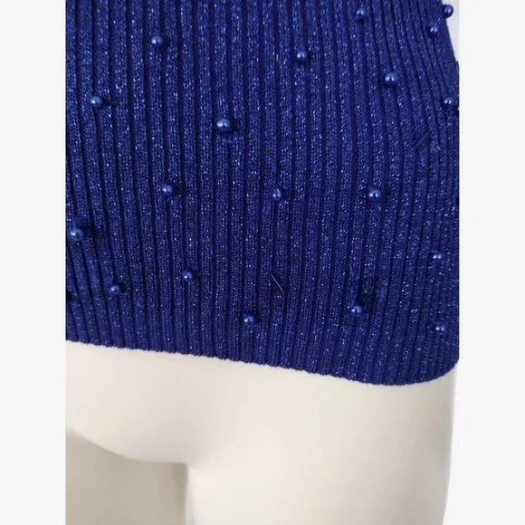 Vintage 1980s Blue Metallic Silk Beaded Stretch Knit Mock Neck Sweater - Picture 9 of 12